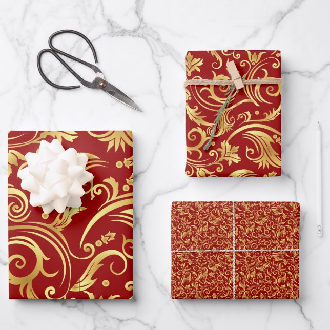 Crimson and Gold Wrapping Paper Sheets (Front)