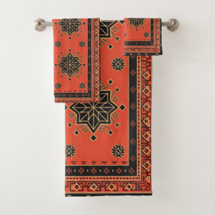 Crimson and Obsidian Geometric Tribal Star Bath Towel Set