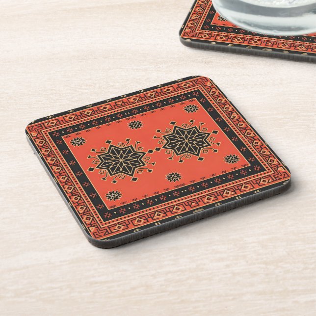Crimson and Obsidian Geometric Tribal Star Beverage Coaster (Left Side)