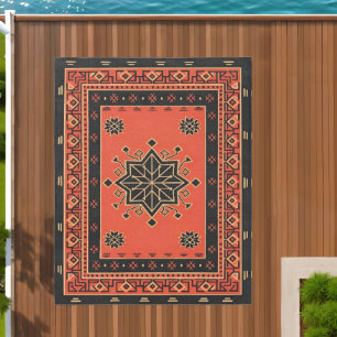 Crimson and Obsidian Geometric Tribal Star Outdoor Rug