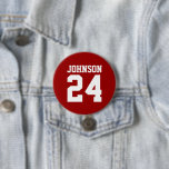 Crimson and White Athlete Name Jersey Number Button<br><div class="desc">Cheer on your favorite sports team, football player or just show off your school pride with a custom personalized spirit button! Add your school name or personalize with a player's name and jersey number. Perfect for football, basketball, baseball and soccer games! Create custom pins for the whole team, cheerleaders, parents...</div>