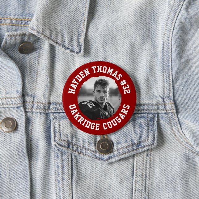 Crimson and White Athlete Name Jersey Number Photo Button (In Situ)