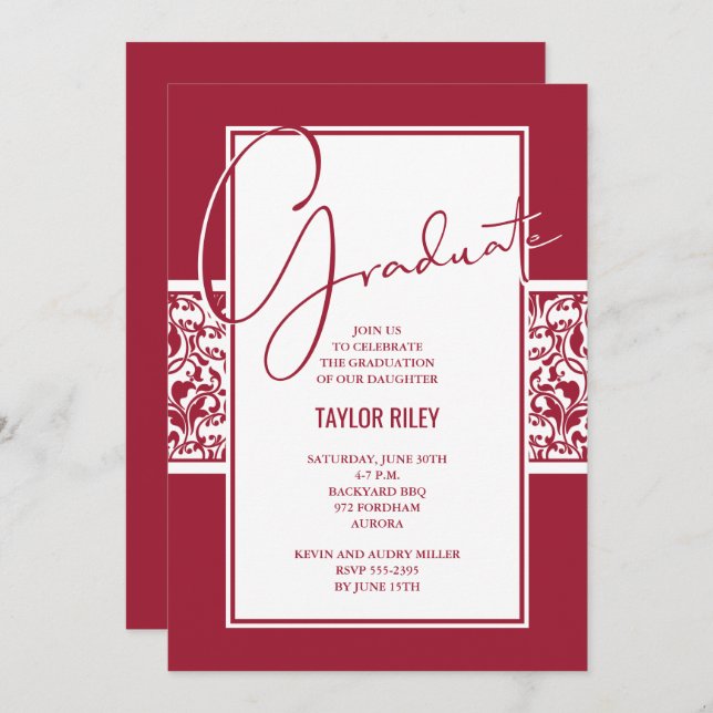 Crimson and White Damask Graduation Invitation (Front/Back)