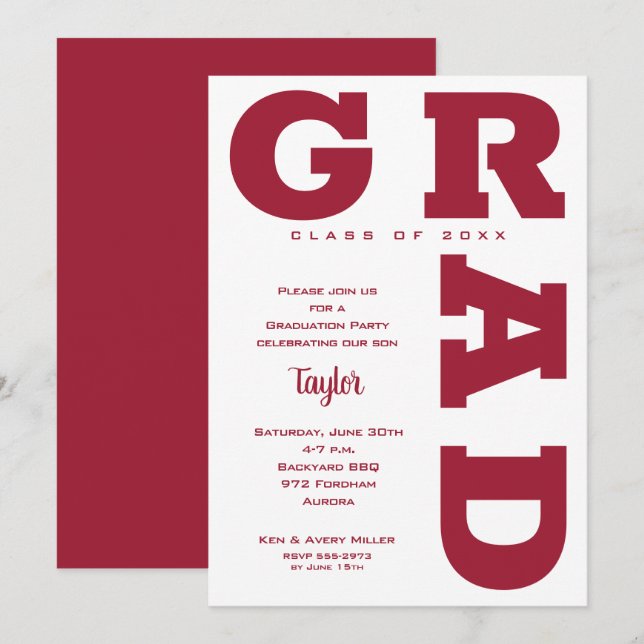 Crimson and White Graduation Party Invitation (Front/Back)