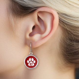 Crimson and White Paw Print Custom Jersey Number Earrings