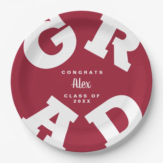 Crimson and White Personalized Graduation Paper Plates (Front)