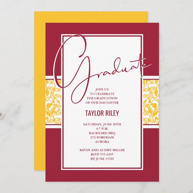Crimson and Yellow Damask Graduation Invitation (Front/Back)