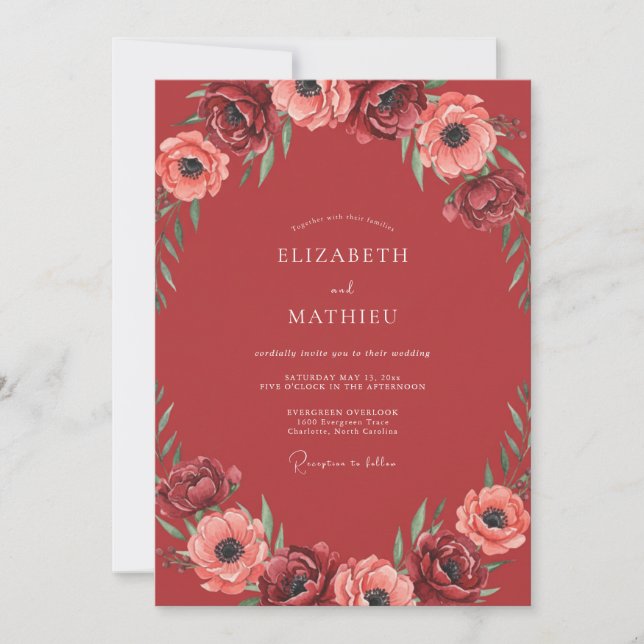 Crimson Anemone Watercolor Wedding Invitation (Front)