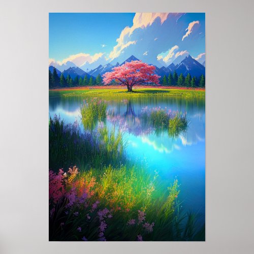 Crimson Beauty Red Tree by the Azure Lake Poster
