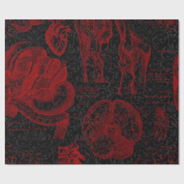 Crimson & Black Damask patterned Vampyre Anatomy  Wrapping Paper (Flat)