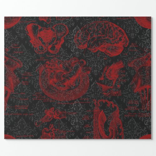 Crimson  Black Damask patterned Vampyre Anatomy  Wrapping Paper