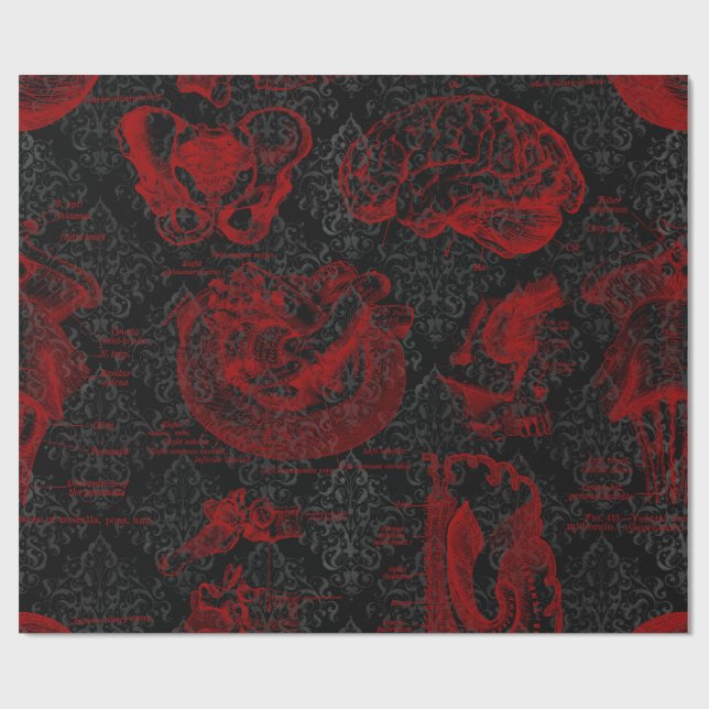 Crimson & Black Damask patterned Vampyre Anatomy  Wrapping Paper (Flat)