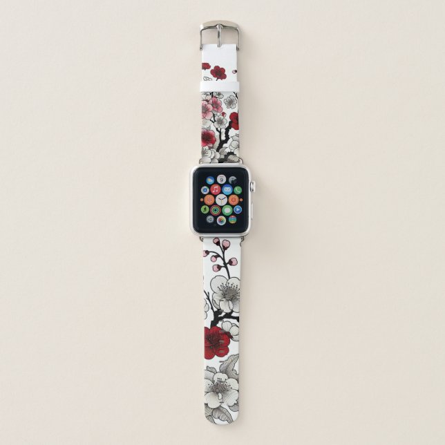 Crimson Blossom Elegance - Japanese-Inspired Flora Apple Watch Band (Front)