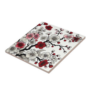 Crimson Blossom Elegance - Japanese-Inspired Flora Ceramic Tile