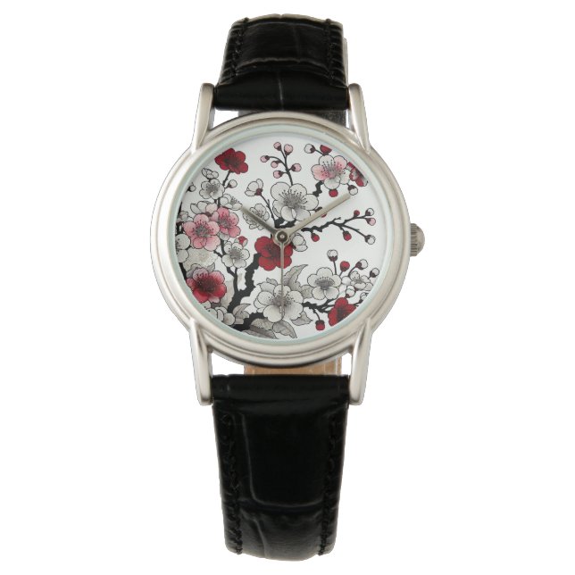 Crimson Blossom Elegance - Japanese-Inspired Flora Watch (Front)