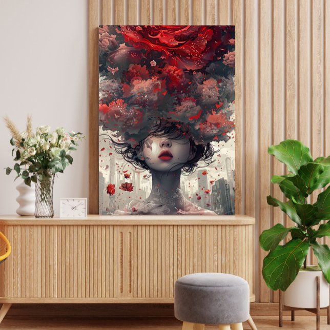 Crimson Blossom Surreal Art Poster Canvas Print (Crimson Blossom Surreal Art Poster displayed in a modern setting)