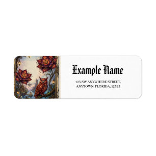 Crimson Blossoms & Mystical Owl. Label