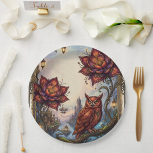 Crimson Blossoms & Mystical Owl. Paper Plates