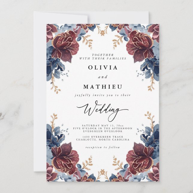 Crimson Blue Floral Romance Wedding Invitation (Front)