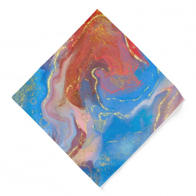 Crimson, Blush, Blue and Gold Marbled Alcohol Ink Bandana (Front)