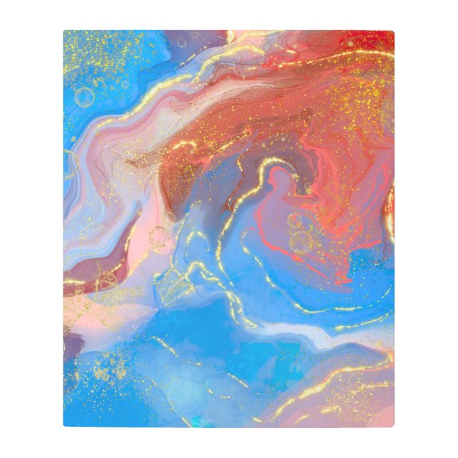 Crimson, Blush, Blue and Gold Marbled Alcohol Ink Metal Print (Front)