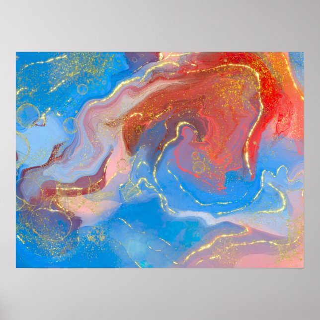 Crimson, Blush, Blue and Gold Marbled Alcohol Ink Poster (Front)