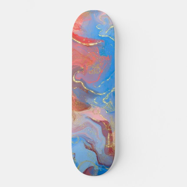 Crimson, Blush, Blue and Gold Marbled Alcohol Ink Skateboard (Front)