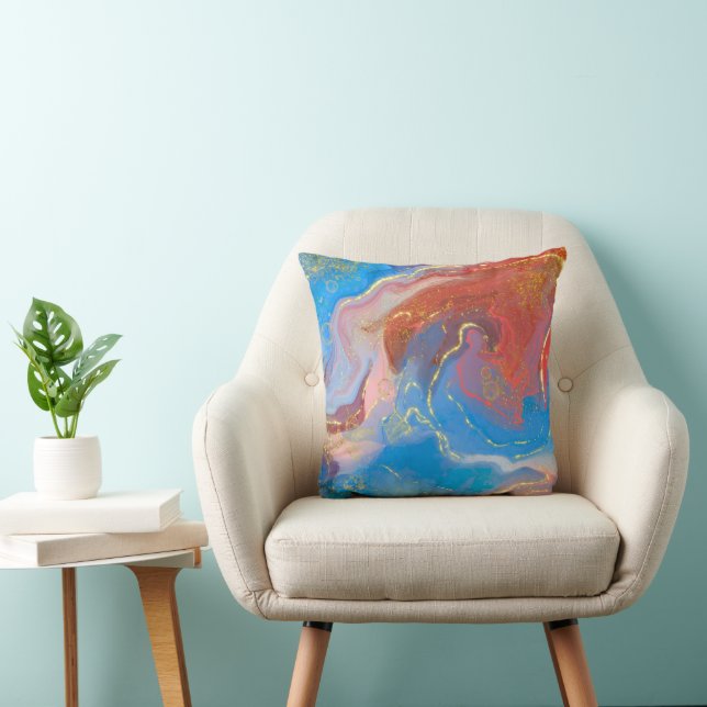 Crimson, Blush, Blue and Gold Marbled Alcohol Ink Throw Pillow (Chair)
