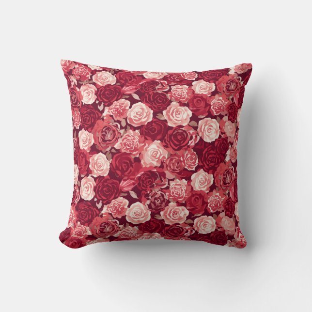 Crimson & Blush Seamless Rose Pattern Throw Pillow (Front)