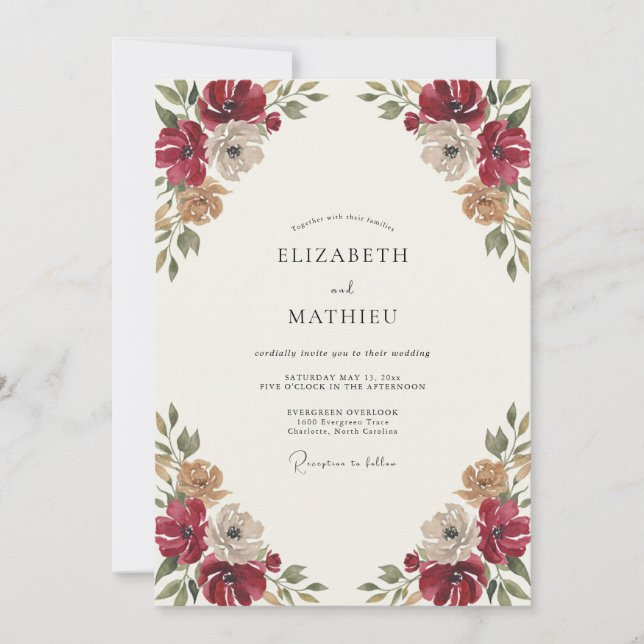 Crimson Botanical Watercolor Wedding Invitation (Front)