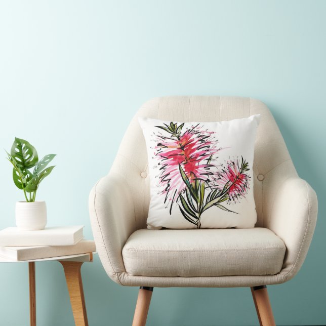 Crimson Bottlebrush Australian Native Flower  Throw Pillow (Chair)