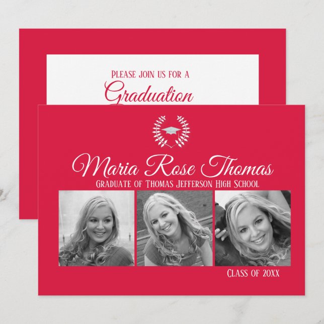 Crimson Cap & Leaves Grad Invitation 5" x 7" (Front/Back)
