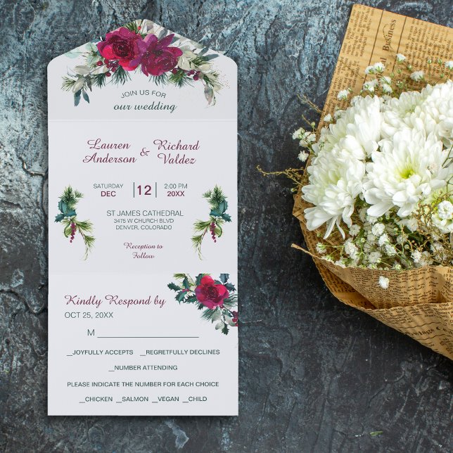 Crimson Christmas Rose Bouquet Wedding All In One  All In One Invitation (Creator Uploaded)