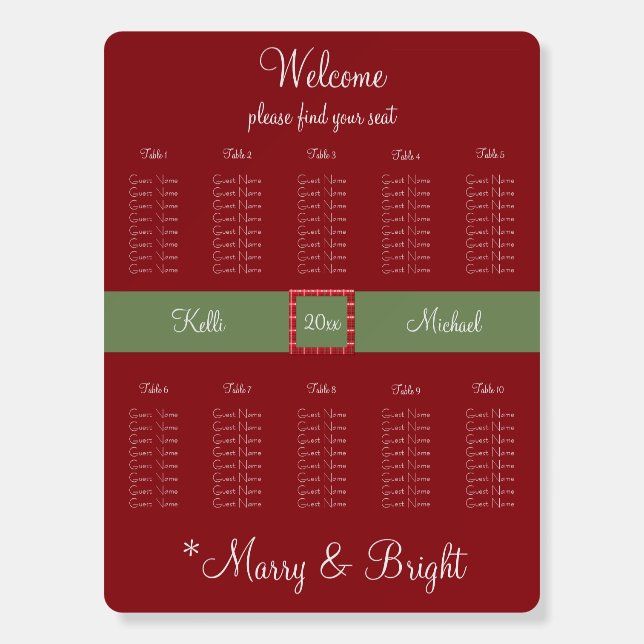 Crimson Christmas Wedding Seating Chart Foam Board (Front)
