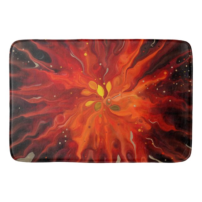 Crimson Core – Fiery Abstract Energy Burst Bath Mat (Front)