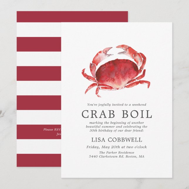 Crimson Crab | 30th Birthday Crab Boil Stripes Invitation (Front/Back)