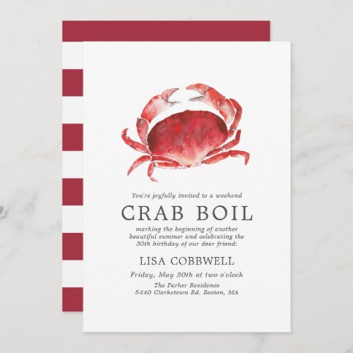 Crimson Crab  30th Birthday Crab Boil Stripes Invitation