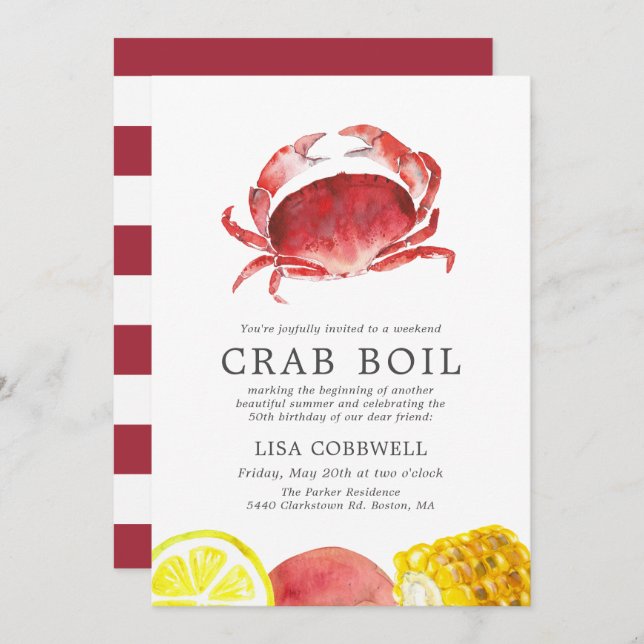 Crimson Crab | 50th Birthday Crab Boil Striped Invitation (Front/Back)