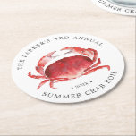 Crimson Crab Crab Boil Round Paper Coaster<br><div class="desc">Personalized Crimson Crab themed food paper coasters for your next Crab Boil Party or seafood event.  It features a watercolor styled illustration of a red crab.  Surrounding this are spots for your unique event information.</div>