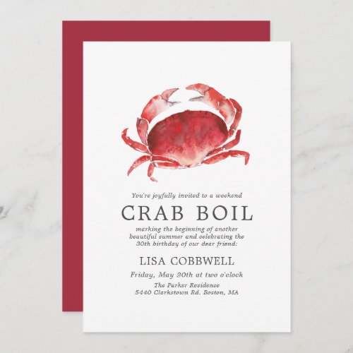 Crimson Crab  Minimal Birthday Crab Boil Invitation