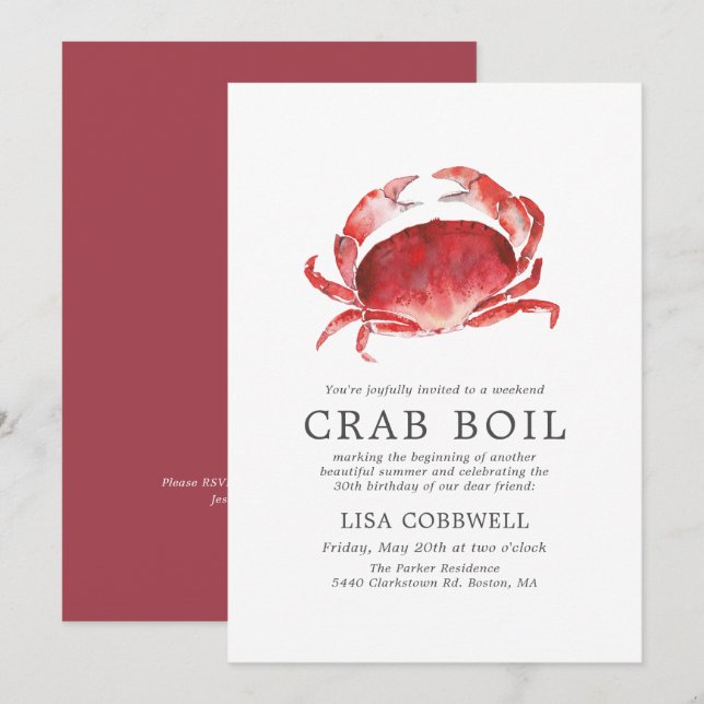 Crimson Crab | Minimal Birthday Crab Boil Invitation (Front/Back)