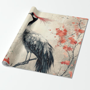 Crimson Crane Blossom Ink Wash (1) Wrapping Paper
