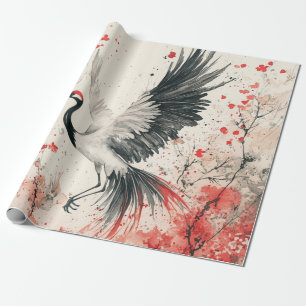 Crimson Crane Blossom Ink Wash (2) Wrapping Paper