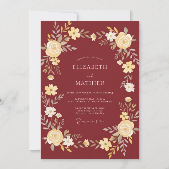 Crimson Cream Leafy Wedding Invitation (Front)