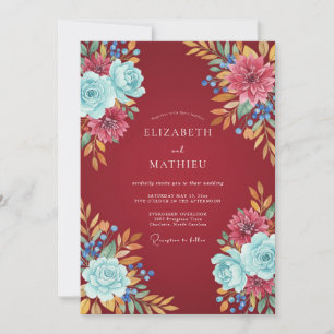 Crimson Cyan Wildflower Wedding Invitation