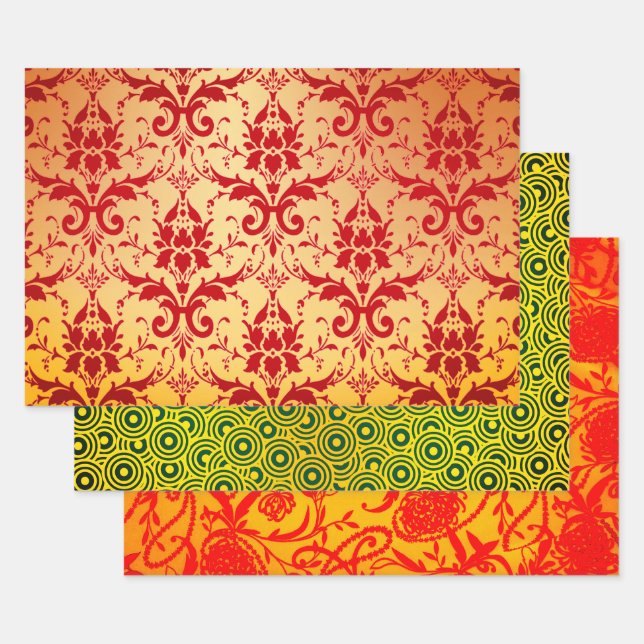 Crimson Damask, Pescara, and Paisley Pearls Wrapping Paper Sheets (Set)