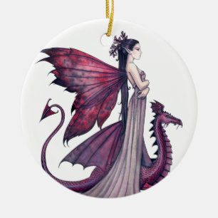 Crimson Dragon and Fairy Fantasy Art Ceramic Ornament