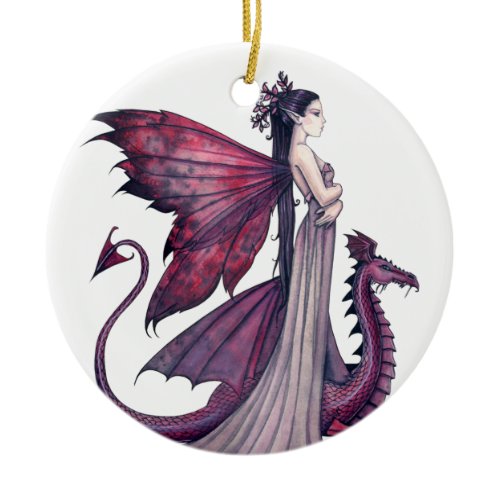 Crimson Dragon and Fairy Fantasy Art Ceramic Ornament