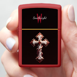 Crimson Elegance: A Red and White Cross Zippo Lighter