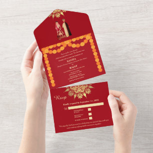 Crimson Elegance Modern Red & Gold Indian Wedding  All In One Invitation